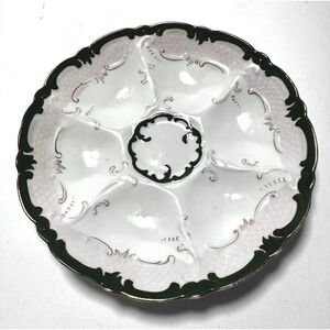 Limoges Oyster Plate Green & Pink w/Gold Gilt - 6 Well - France c1890